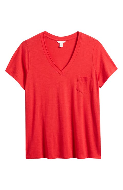 Short Sleeve Cotton & Modal V-Neck Pocket T-Shirt (Plus)