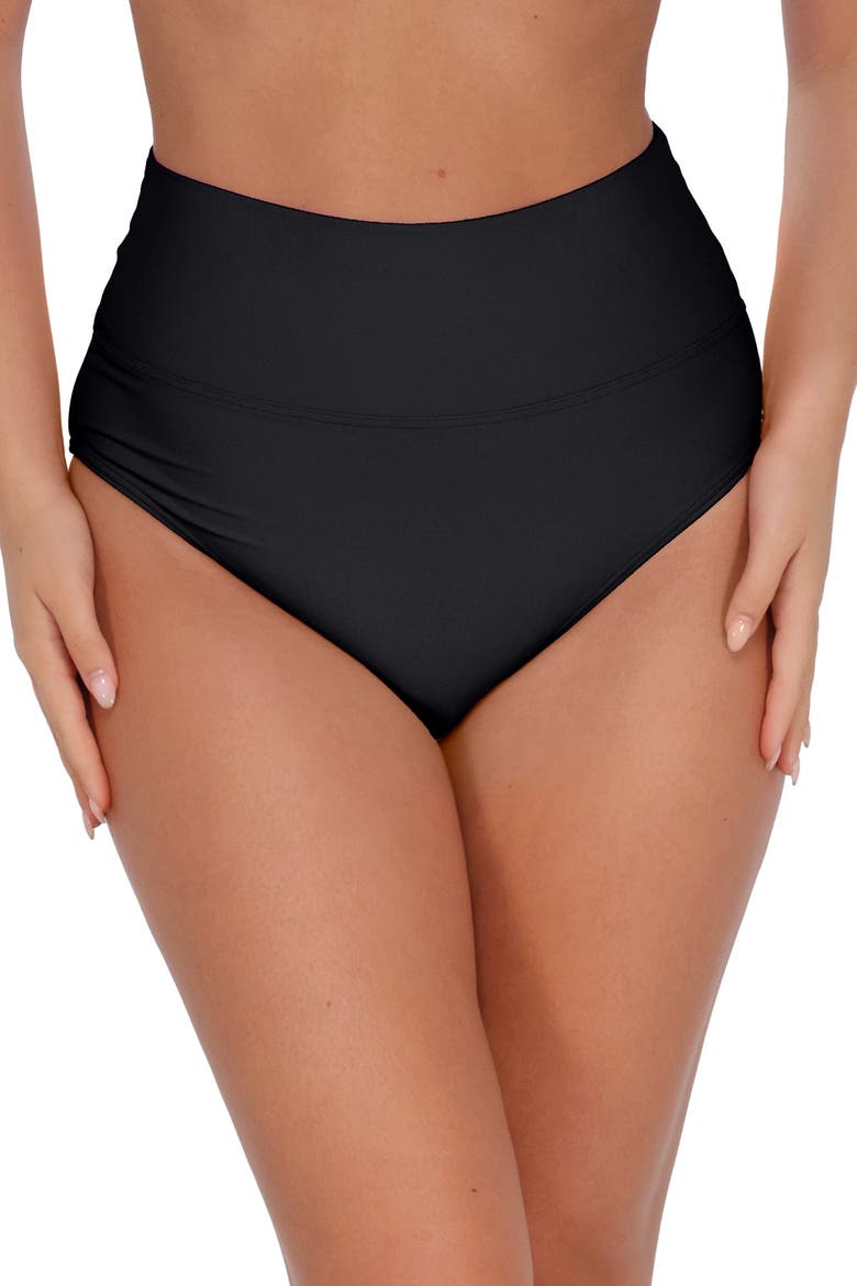 Arlene High Waist Bikini Swim Bottoms with Tummy Control, Alternate, color, BLACK