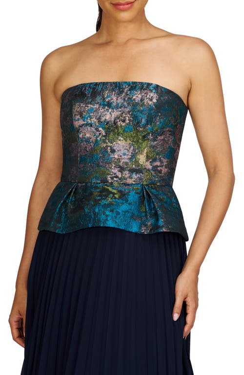 Kay Unger Giannina Metallic Floral Mixed Media Strapless Cocktail Dress In Blue Sea
