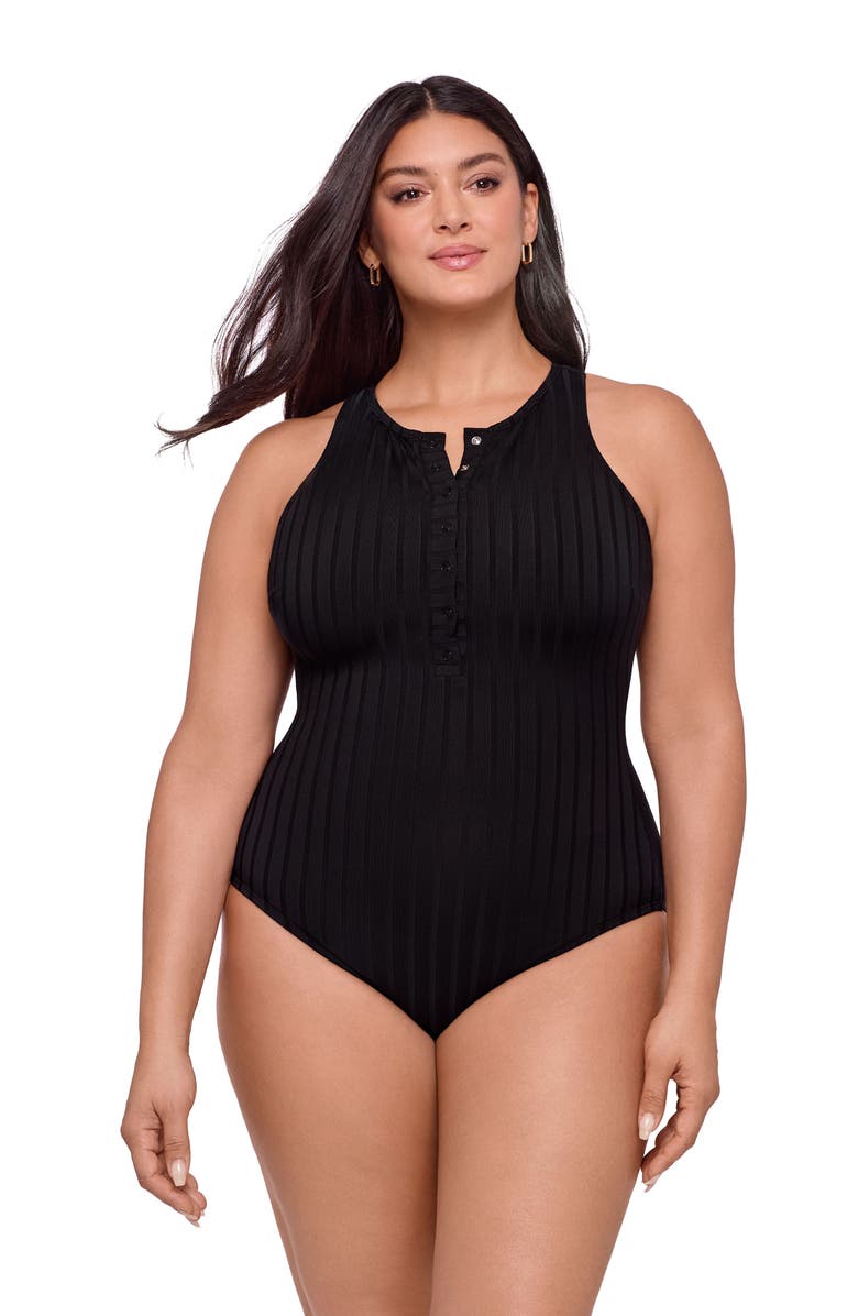 S3 Apparel Wide Rib Snap High Neck One Piece Swimsuit, Main, color, Onyx Black Wide Rib