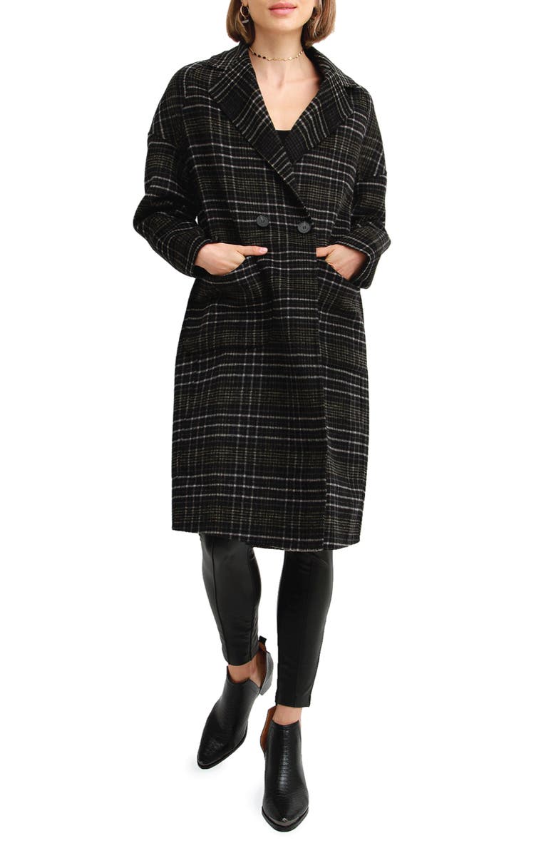 Belle & Bloom Publisher Double Breasted Plaid Print Wool Blend Coat, Main, color, Black Plaid