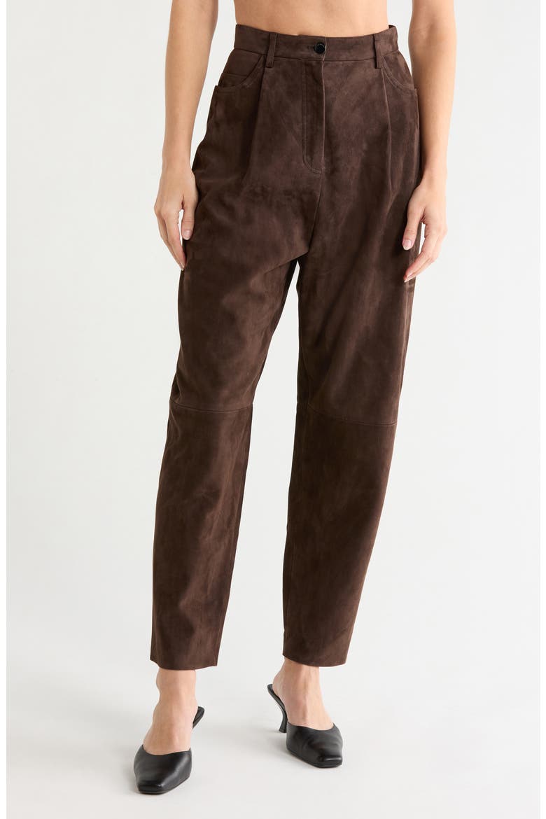 High Waist Pleated Leather Trousers, Main, color, EBONY