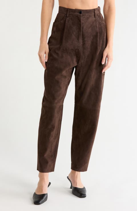 High Waist Pleated Leather Trousers