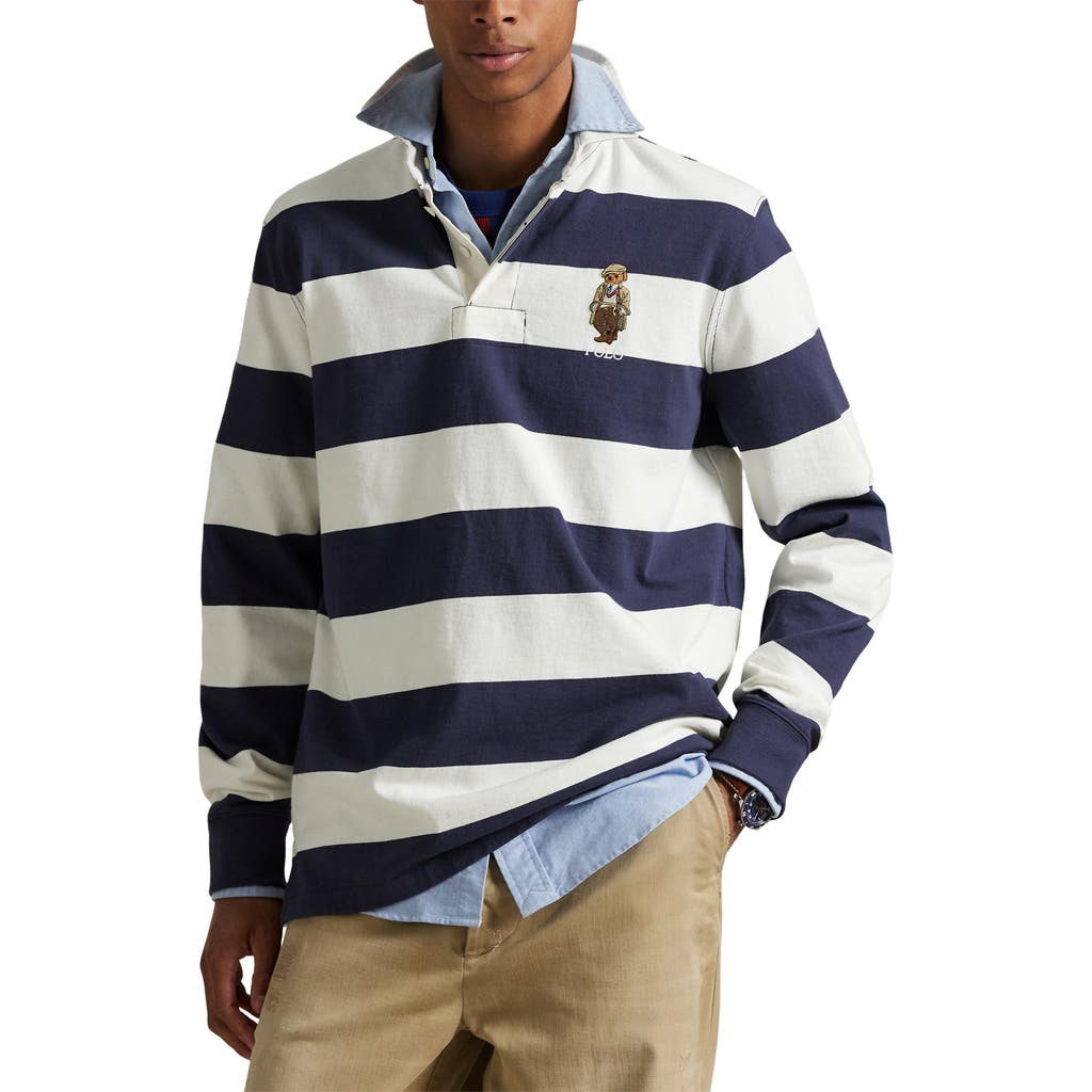 Polo Ralph Lauren Rugby Fit Blue And White Polo Shirt With Logo Embroidery On The Front And All-over Striped Motif In In Multi