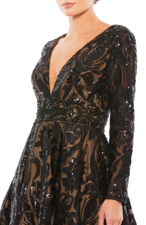 Mac Duggal Sequin Embellished A-line Cocktail Dress In Black Nude
