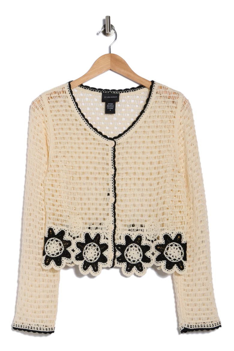 Scallop Trim Crochet Sweater, Alternate, color, NATURAL/ BLACK