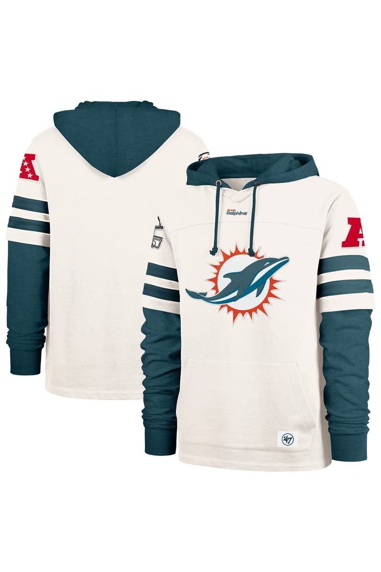 Men's '47  Cream Miami Dolphins Split Zone Cornerback Duo Lacer Hoodie, Main, color, Cream