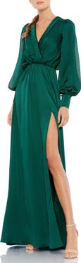 Ieena for Mac Duggal Satin Dress with Cinched Waist and Thigh-High Slit