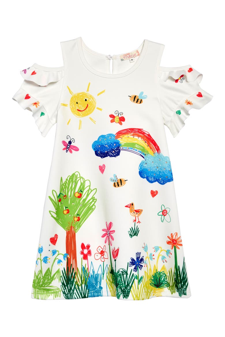 Colorful Drawing Cold-Shoulder Dress, Main, color, WHITE