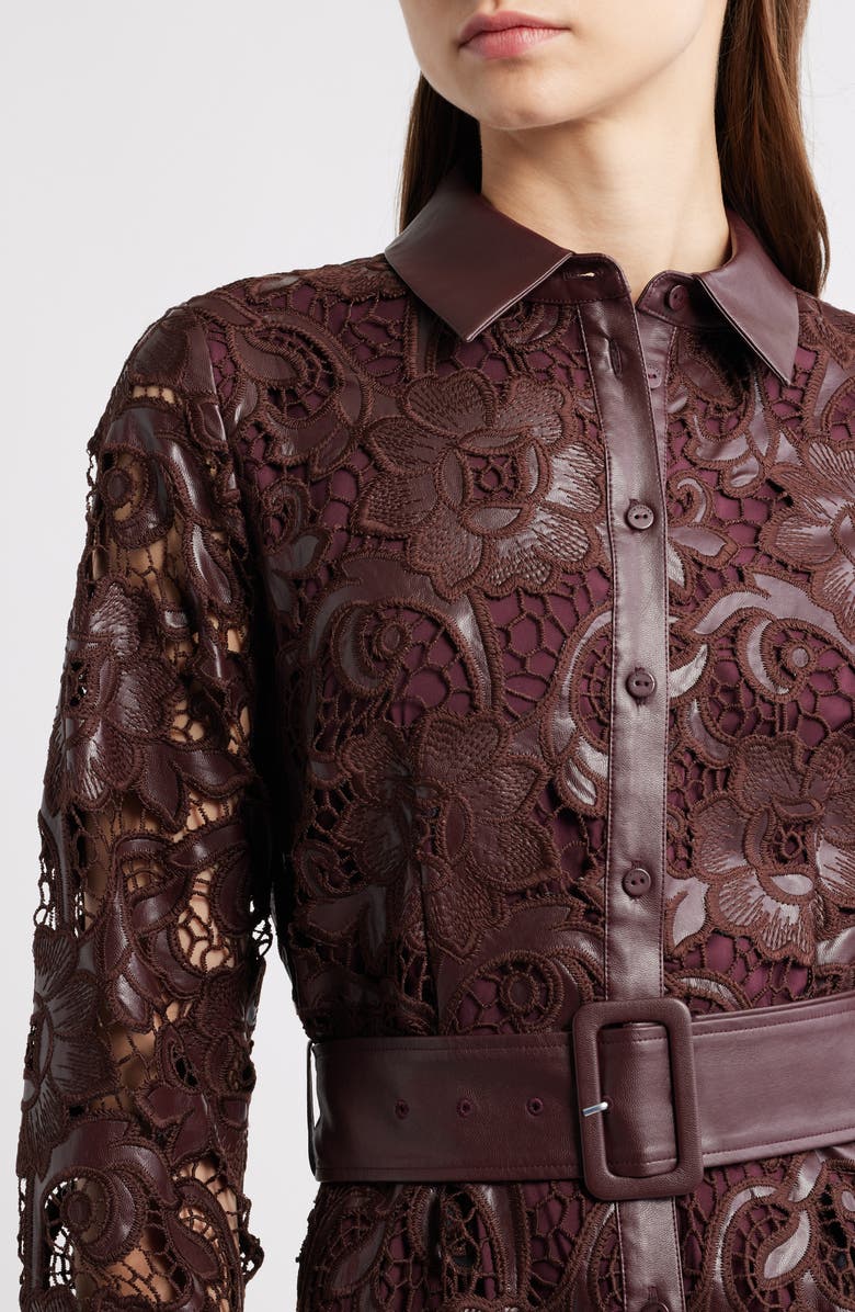 Elie Tahari Chayenne Long Sleeve Faux Leather & Lace Shirtdress, Alternate, color, Noir Berry Red