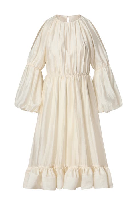 Leontine Pouf Sleeve Ruffled Midi Dress