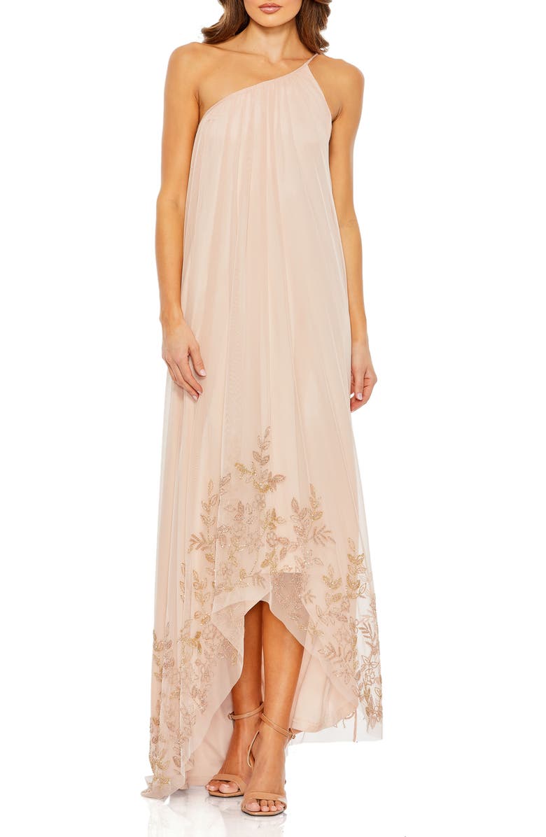 Mac Duggal Asymmetrical One Shoulder Beaded Hem Mesh Gown, Main, color, Rose