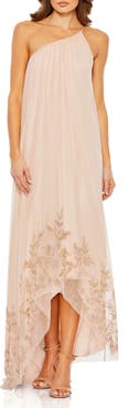 Mac Duggal Asymmetrical One Shoulder Beaded Hem Mesh Gown