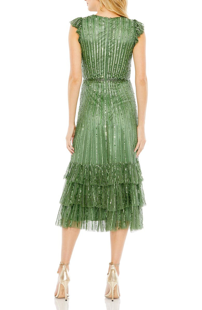 Mac Duggal Women's Sequined Wrap Over Cap Sleeve Ruffle Hem Dress, Alternate, color, Sage