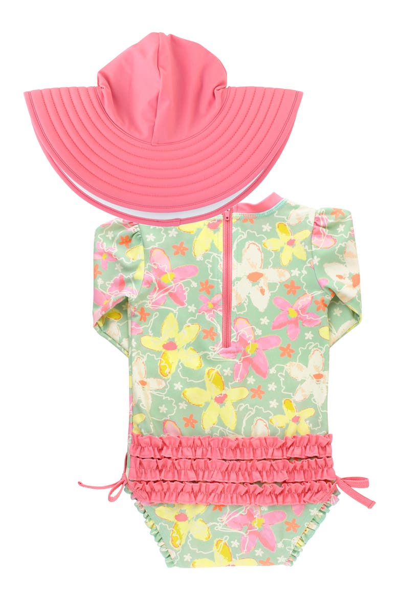 Waltzing On Water One-Piece Rashguard Swimsuit & Hat Set, Alternate, color, PINK