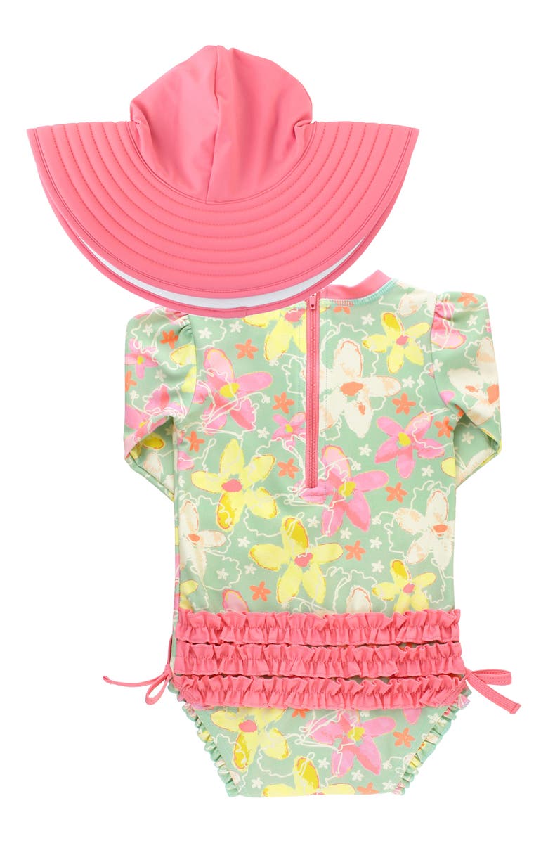 RuffleButts Waltzing On Water One-Piece Rashguard Swimsuit & Hat Set, Alternate, color, 