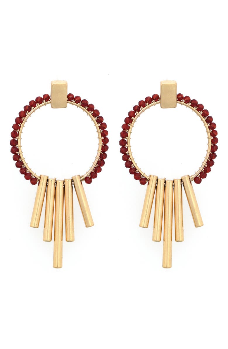 Panacea Crystal Frontal Hoop Earrings, Main, color, Red