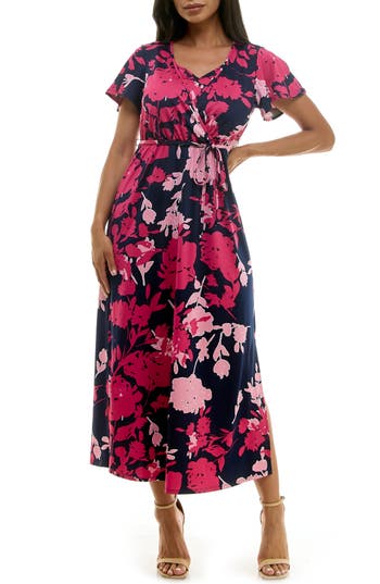 Nina Leonard Tie Waist Maxi Dress In Multi