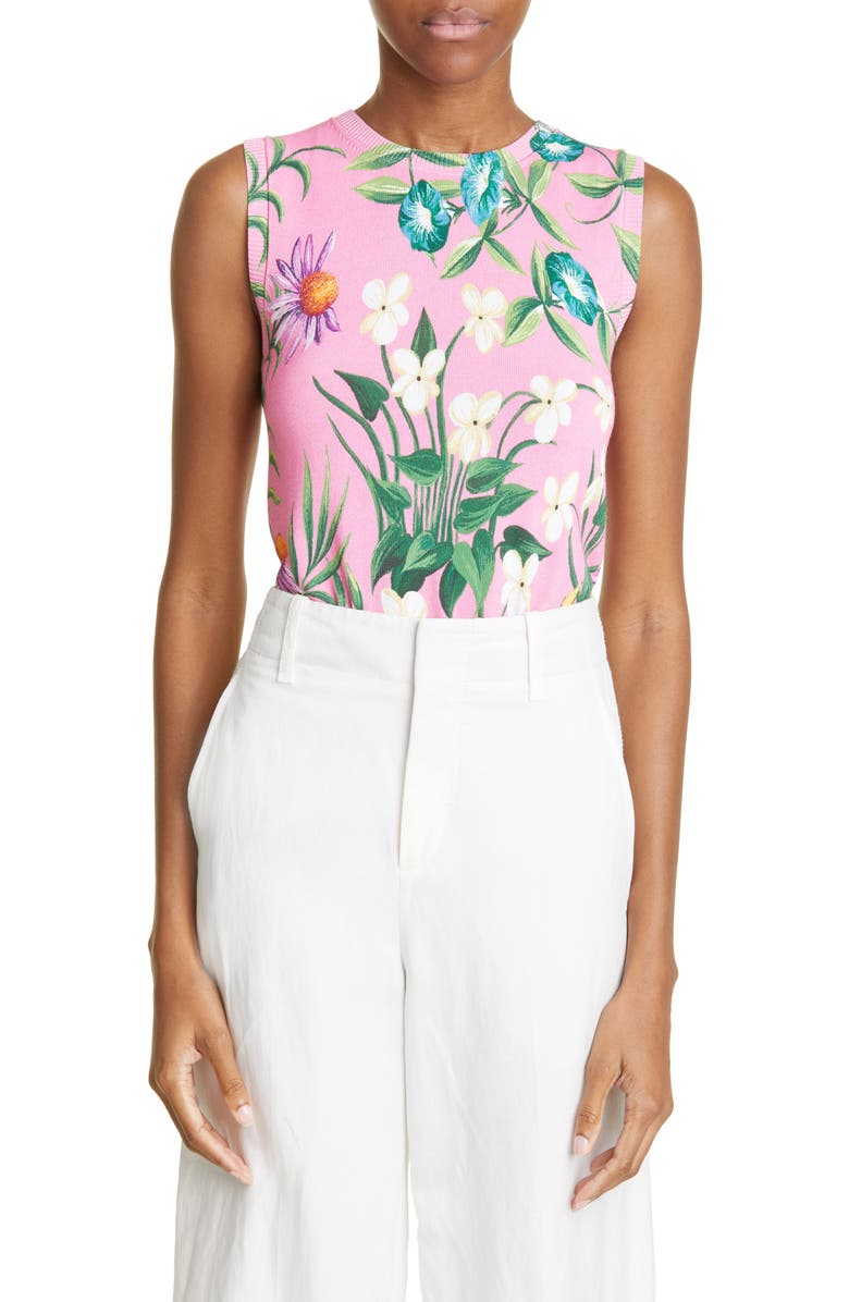 Oscar de la Renta Floral Tapestry Cotton Blend Tank, Main, color, 
