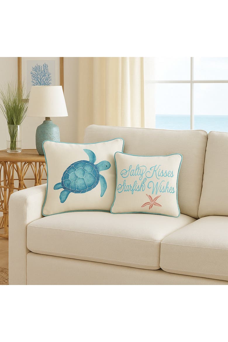 Salty Kisses & Starfish Wishes Embroidered Coastal Decorative Throw Pillow, Alternate, color, Off-White