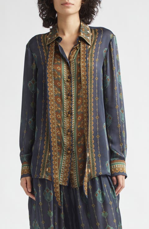 Ascent Print Silk Satin Scarf Button-Up Shirt