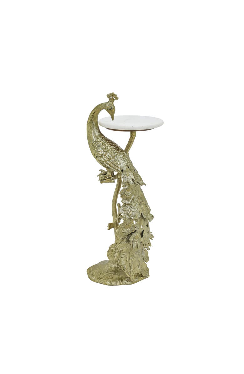 Expo Bazaar Side Table with Marble Top Peacock Sculpture Table, Main, color, Gold - 13X13.5x29.5"