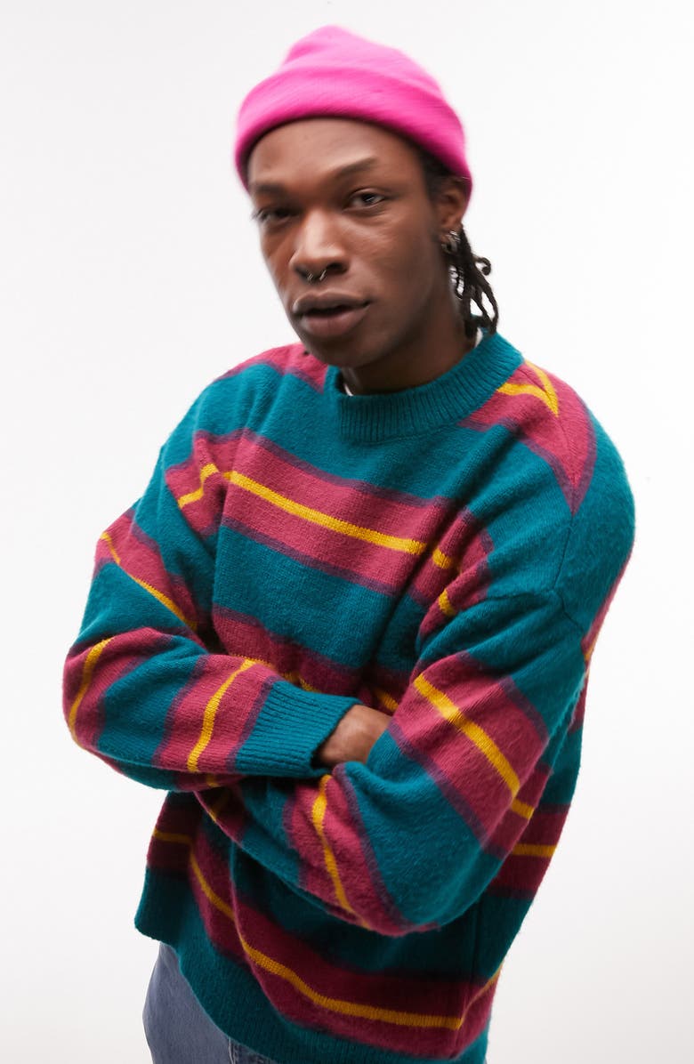 Topman Stripe Oversize Crewneck Sweater, Main, color, 