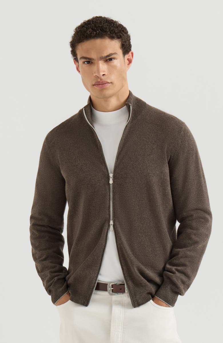 Brunello Cucinelli Cashmere high-neck cardigan with zipper, Main, color, Light Grey