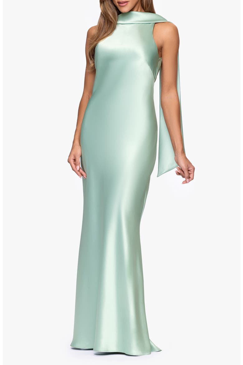 Satin Tie Back Mermaid Gown, Alternate, color, SAGE