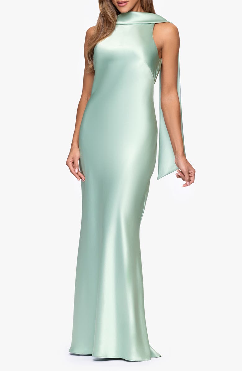 Xscape Evenings Satin Tie Back Mermaid Gown, Alternate, color, Sage