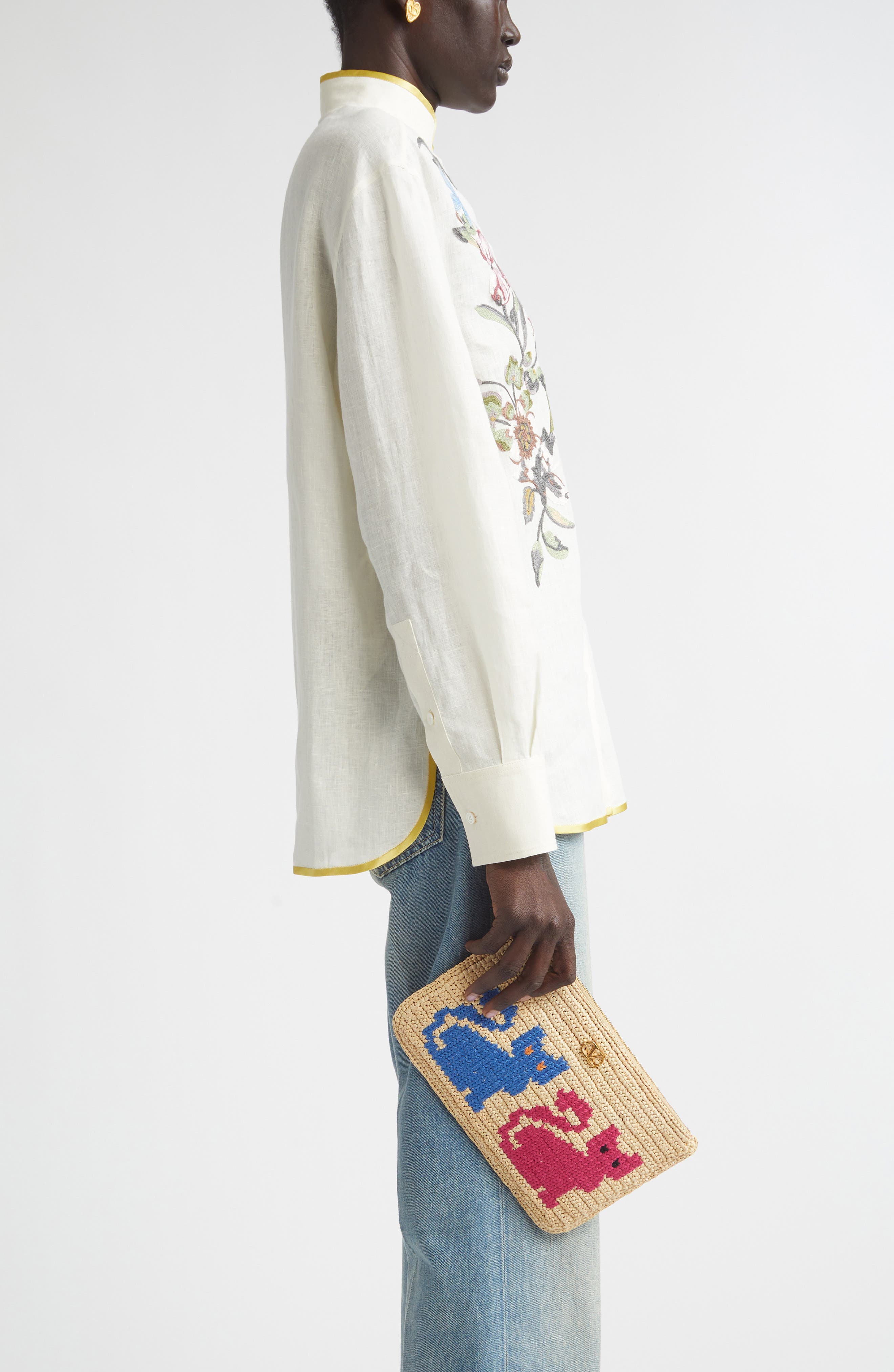 Valentino Garavani Medium Raffia Zip Pouch, Alternate, color, Natural Multi