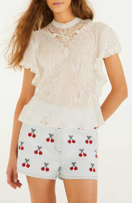 Organic Cotton Lace Inset Mock Neck Top