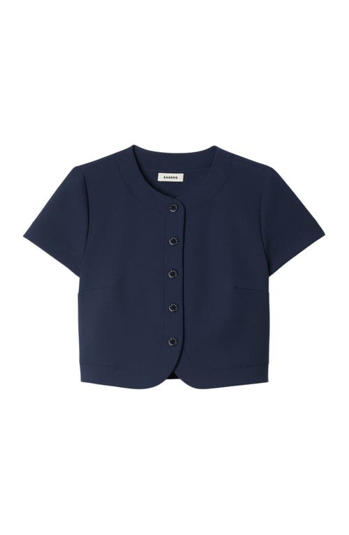 Sandro Rounded Hem Buttoned Crop Top In Blue