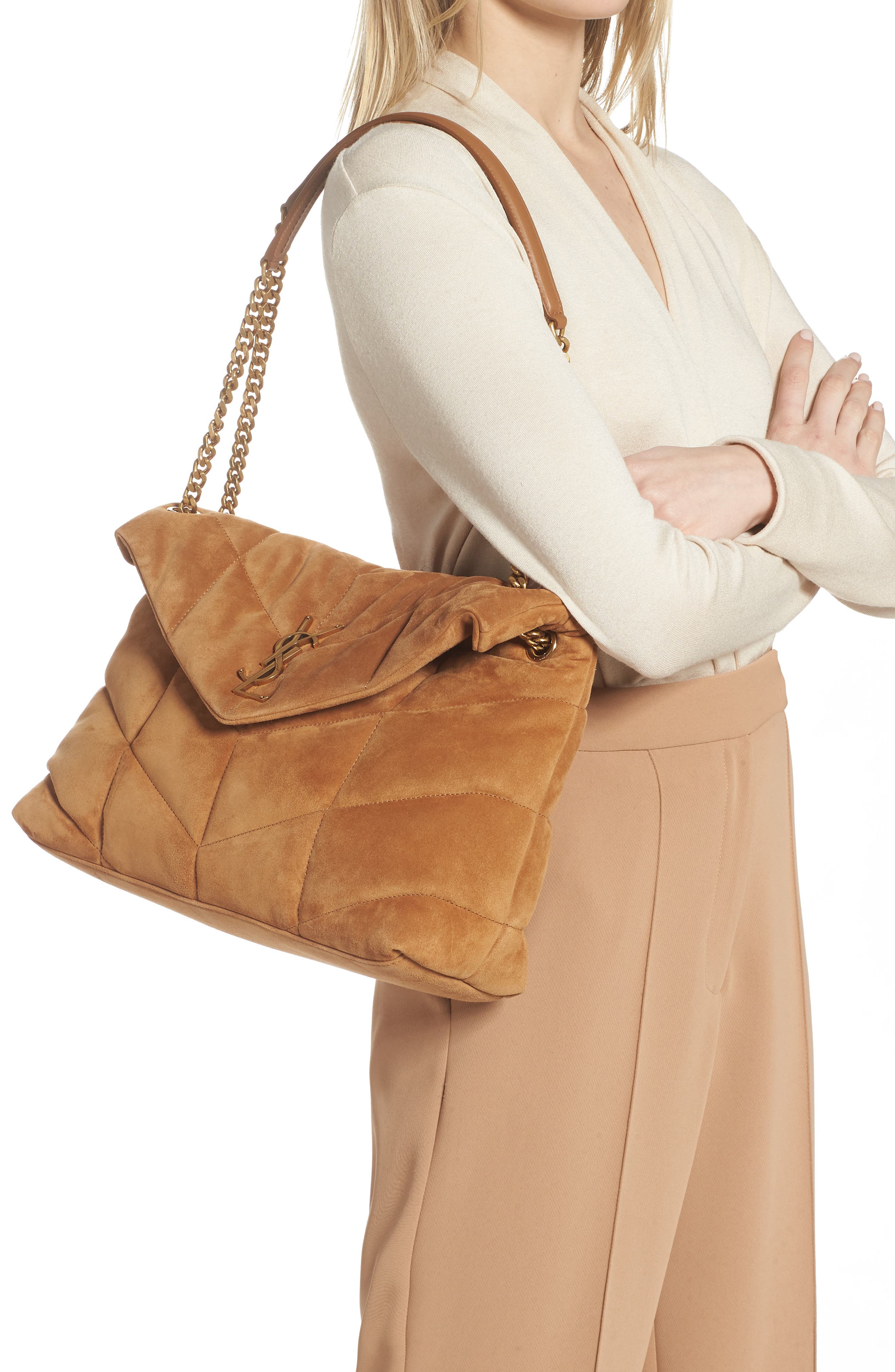 Saint Laurent Medium Loulou Puffer Matelassé Suede Shoulder Bag, Alternate, color, 