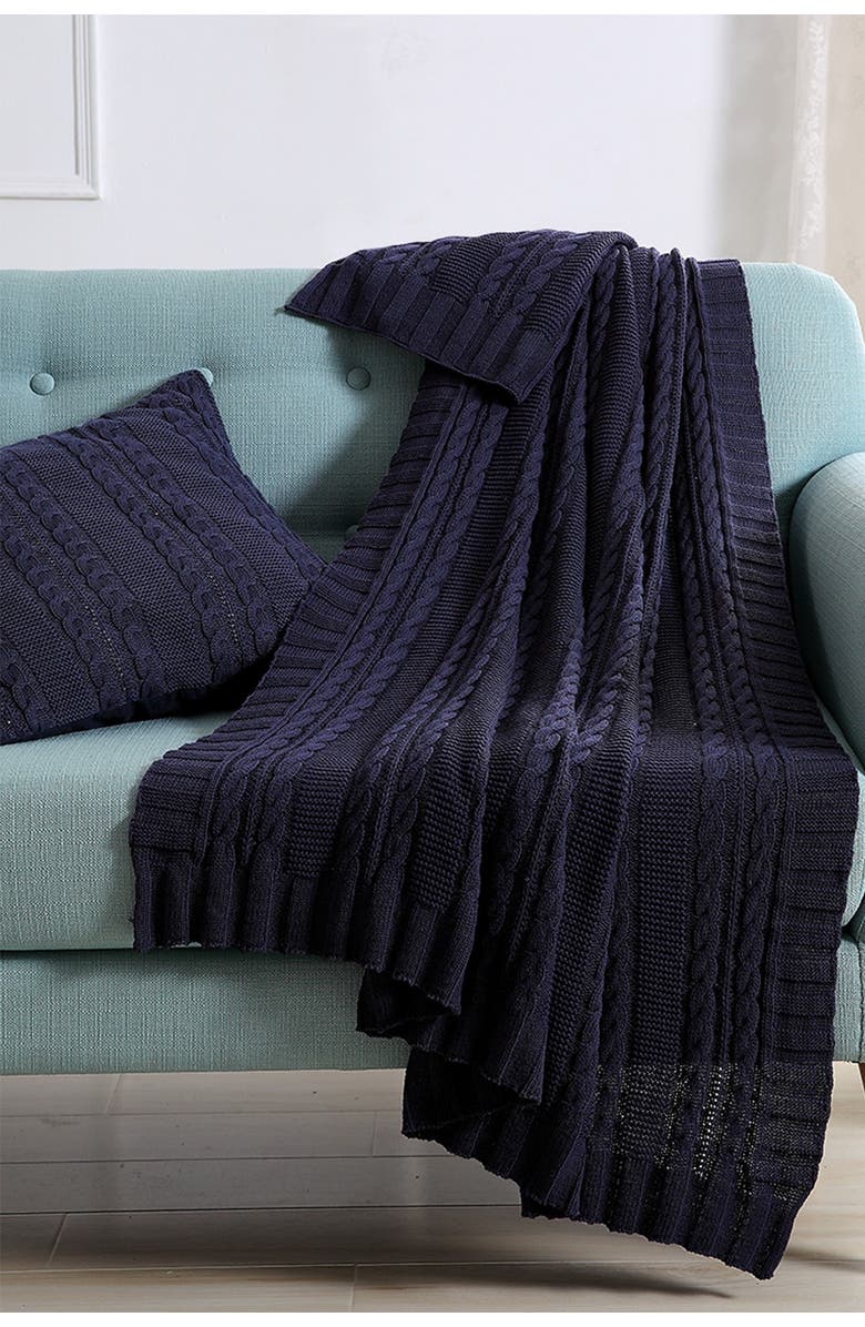 VCNY HOME Dublin Cable Knit Throw Blanket - Navy, Alternate, color, Navy