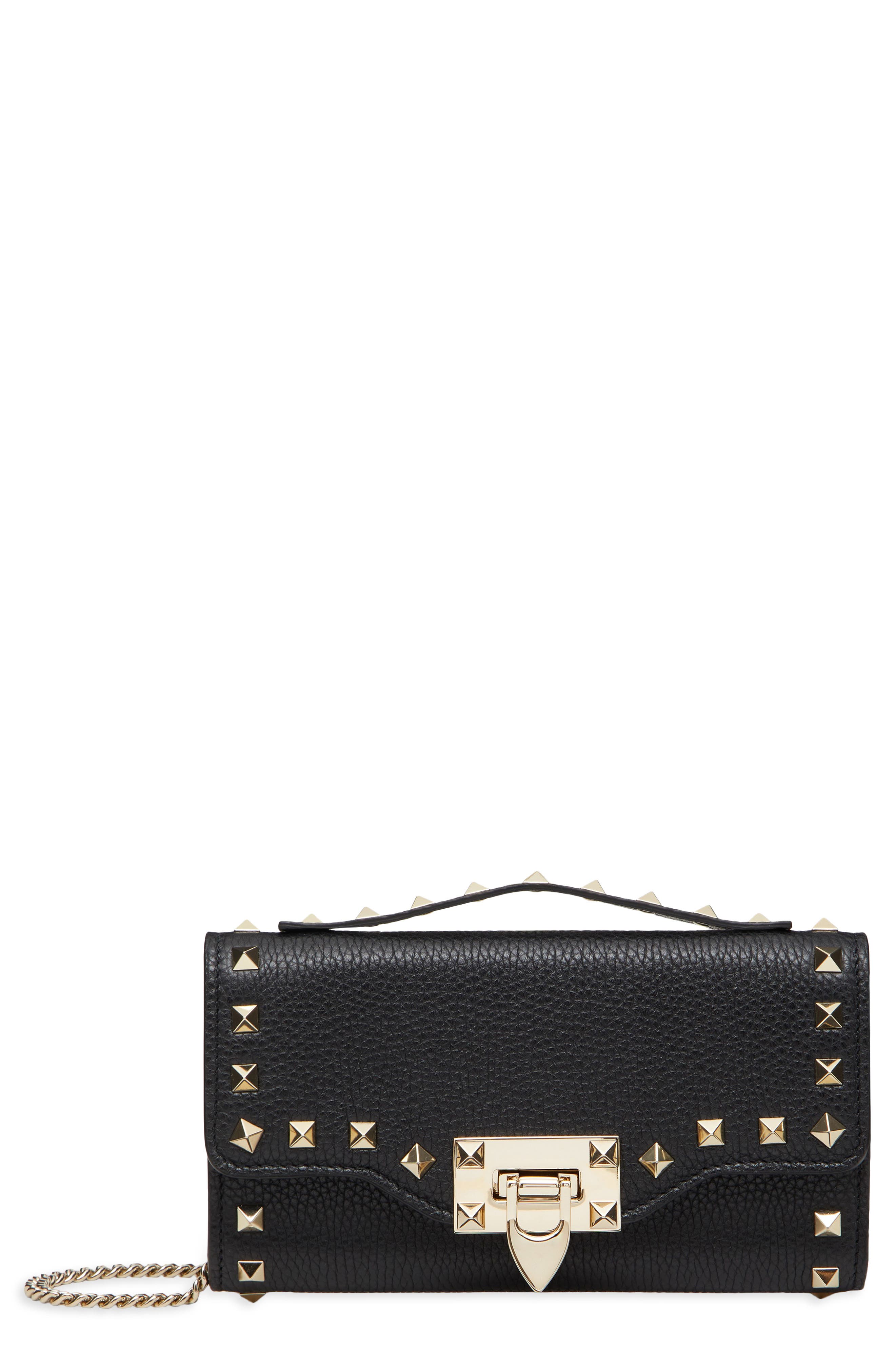 Valentino Garavani Mini Rockstud Leather Crossbody Wallet, Main, color, 