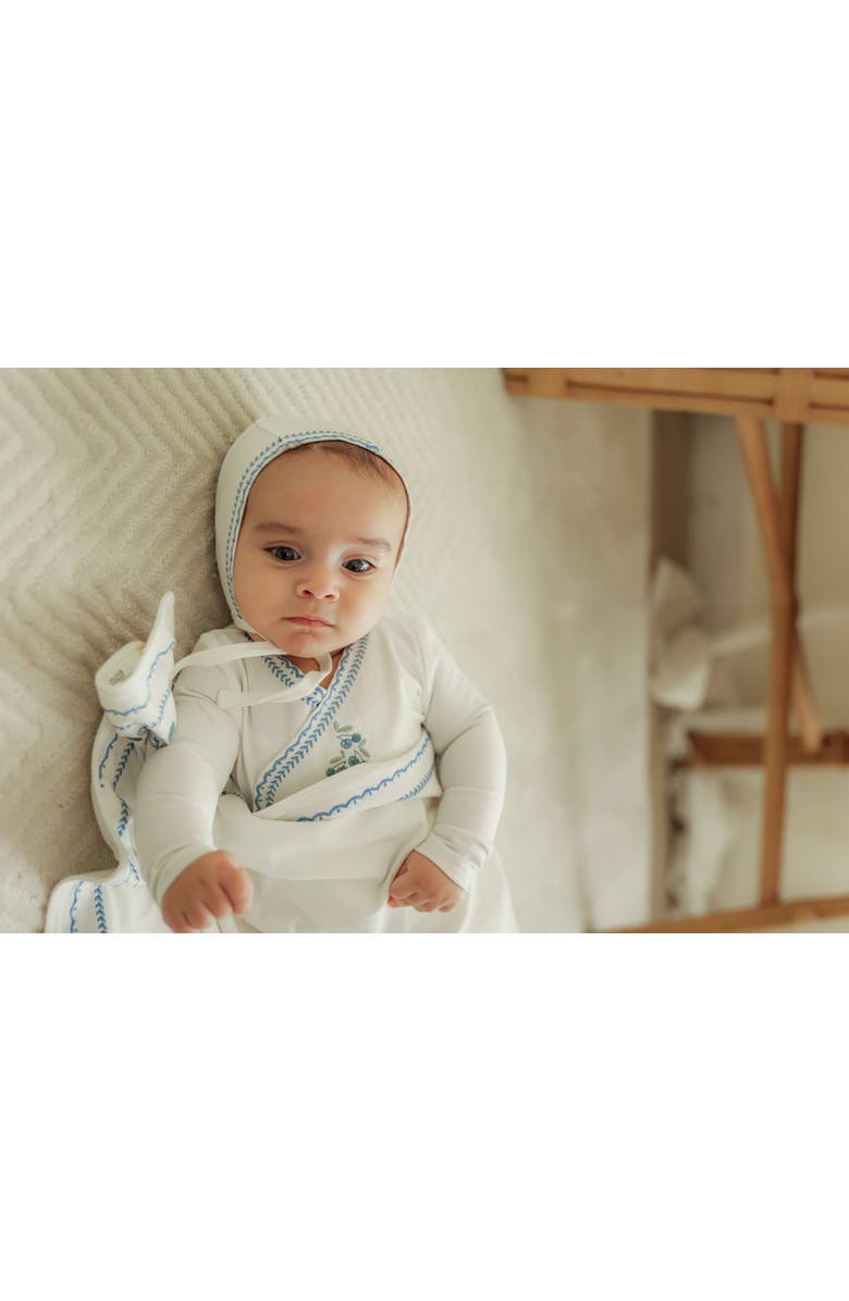 Bebe Bella Boy Cherry Embroidered Wrap Romper with Bonnet, Alternate, color, White/Blue