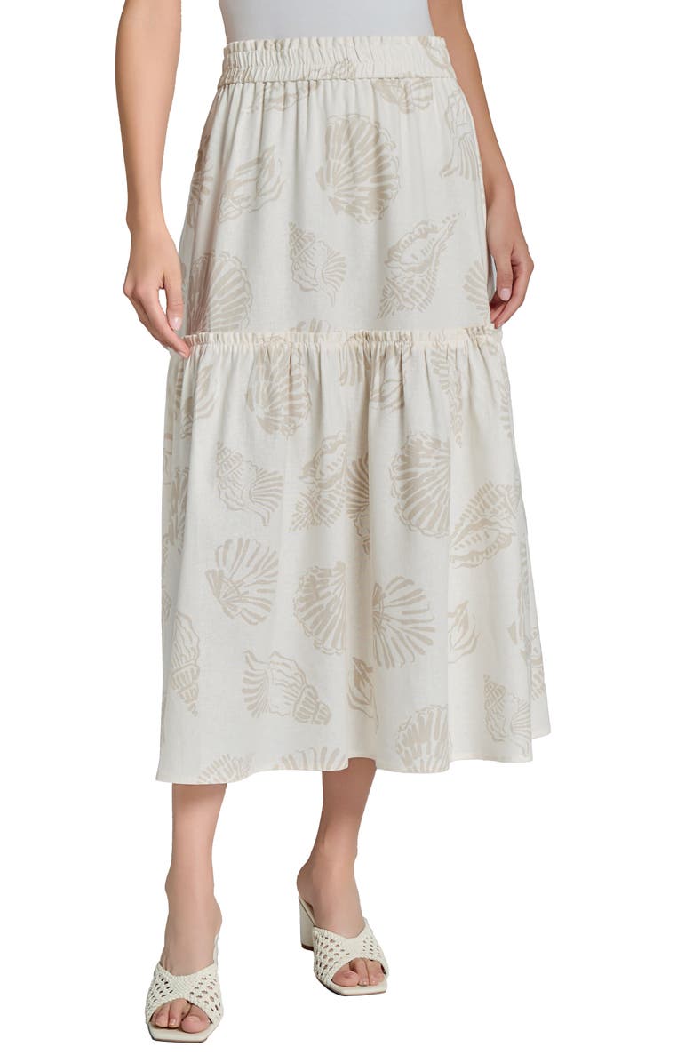 Jones New York Seashell Print Tiered Linen Blend Skirt, Main, color, Jones White/ Natural St