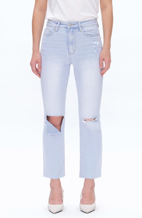 Raw Hem Ripped High Waist Straight Leg Jeans