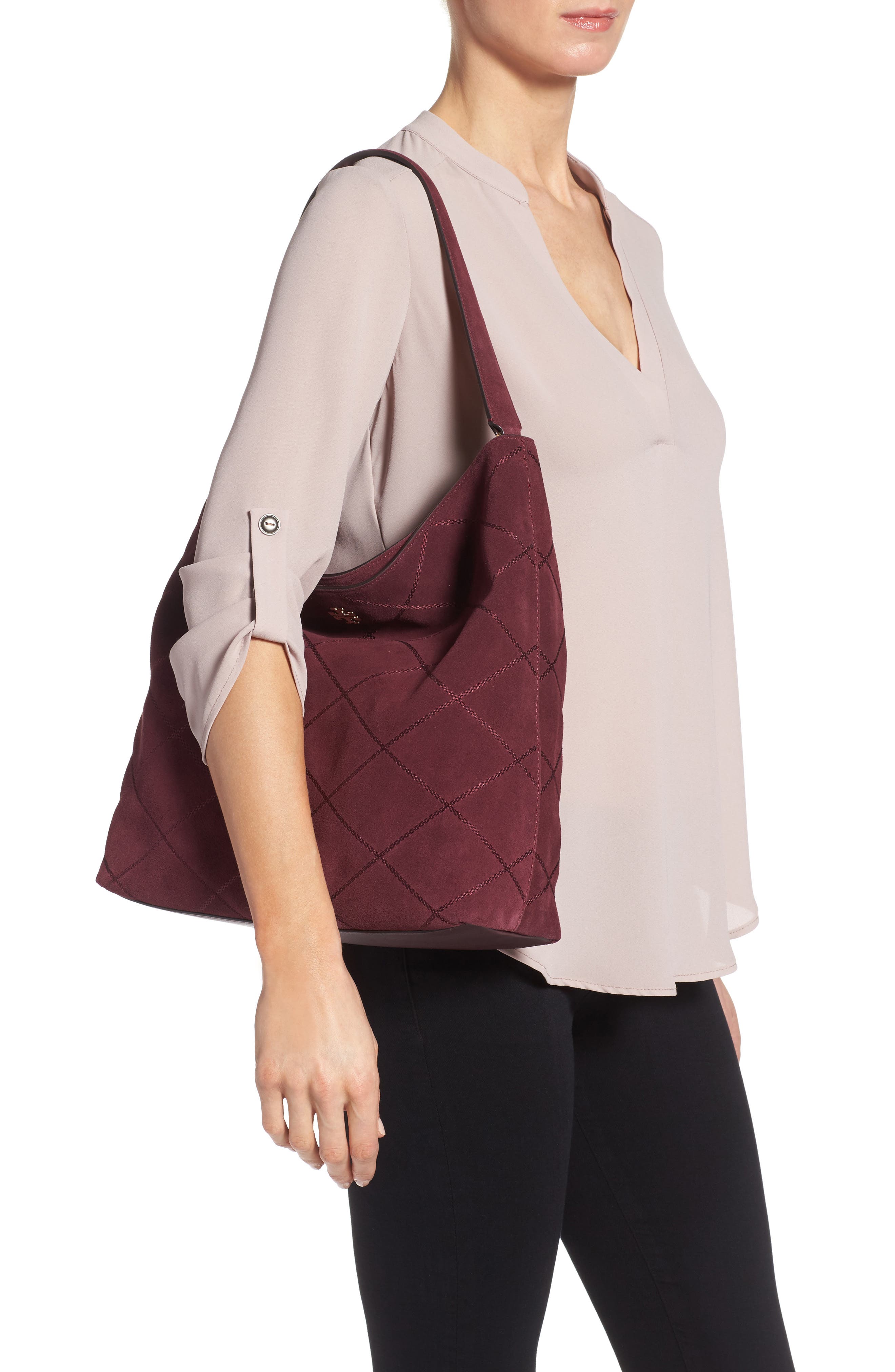 Tory Burch Frida Stitched Suede Hobo, Alternate, color, 