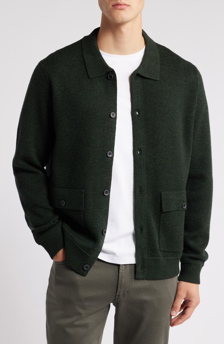 Robert Barakett Bristol Collared Merino Wool Milano Stitch Cardigan, Main, color, Olive