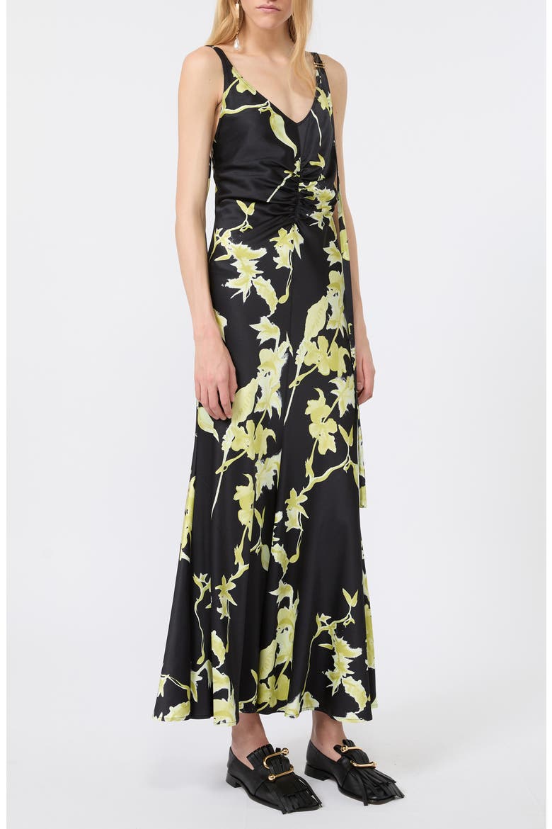 Floral Stretch Satin Maxi Dress, Alternate, color, BLACK