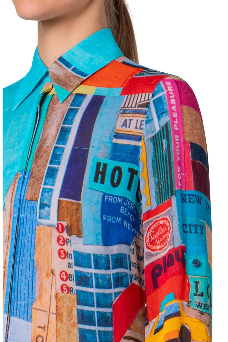 NYC Paper Collage Print Long Sleeve Georgette Midi Shirtdress, Alternate, color, BLUE MULTICOLOR