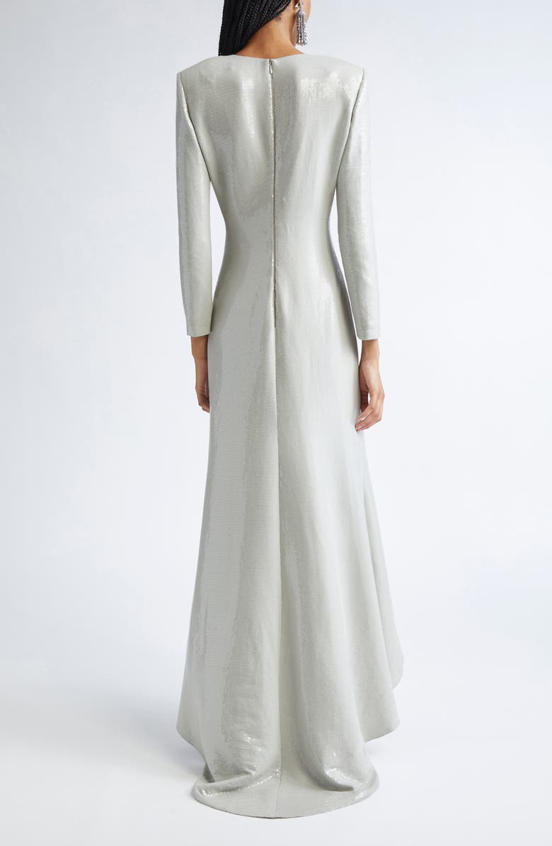 Oscar de la Renta Embroidered Cherry Blossom Long Sleeve Sequin Gown, Alternate, color, Pewter