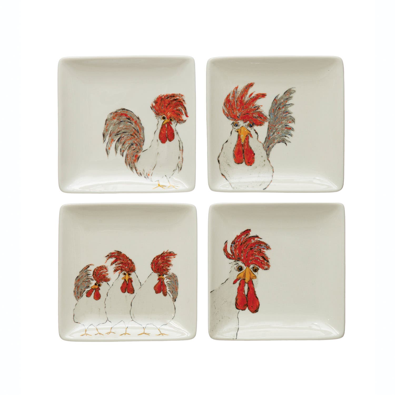 Storied Home Stoneware Plate with Chicken, Set of 4 Styles - White