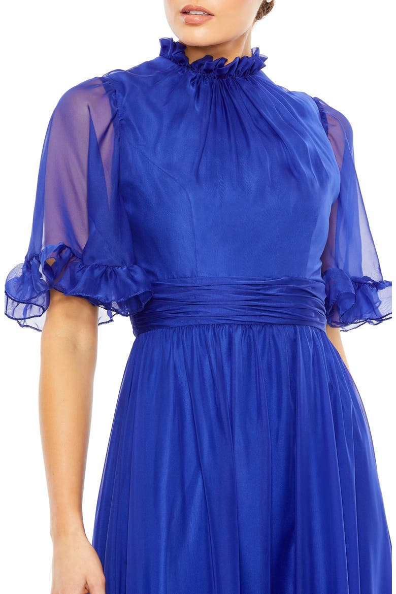 Ruffled High Neck Flutter Sleeve High Low Hem Gown, Alternate, color, SAPPHIRE