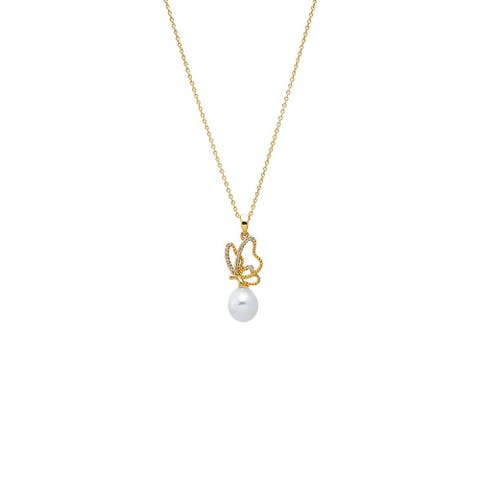 Pave Flying Butterfly Pearl Pendant Necklace