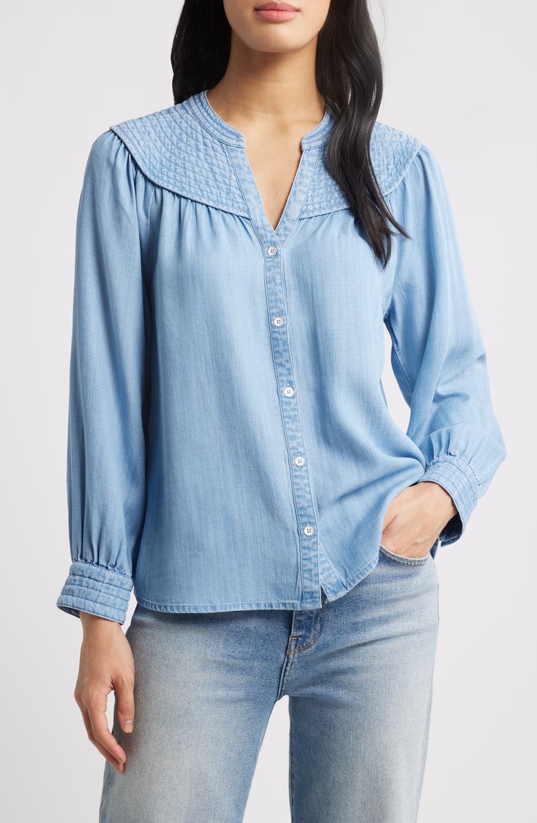 Wit & Wisdom Split Neck Balloon Sleeve Top, Main, color, Light Blue
