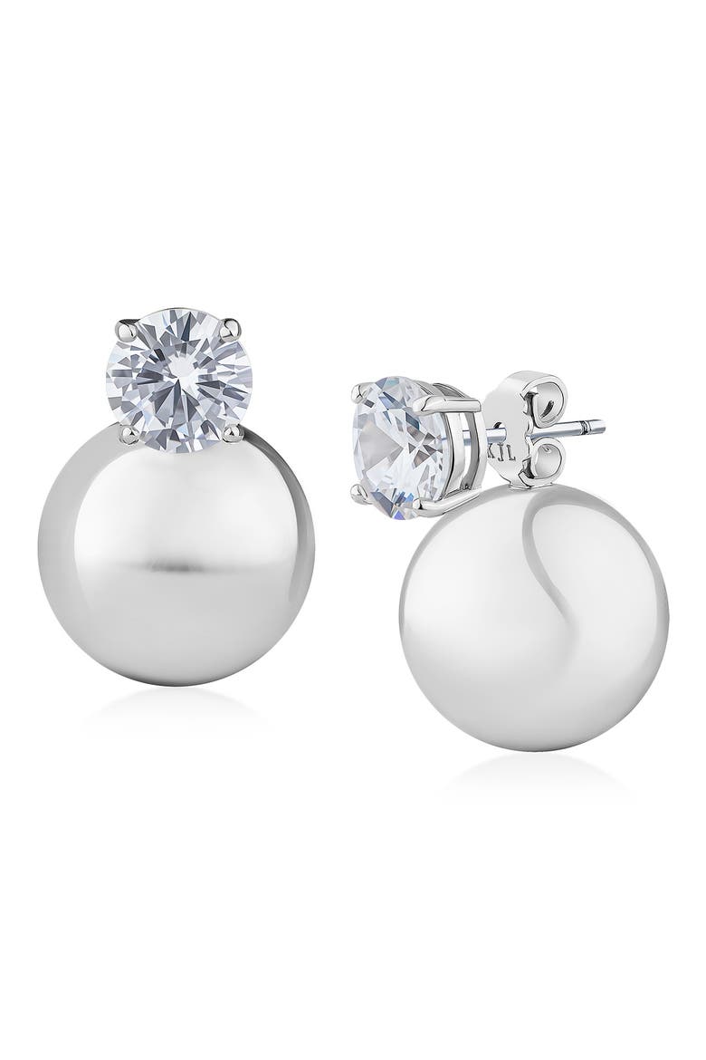 Cubic Zirconia & Sphere Front/Back Earrings, Main, color, RHODIUM PLATED