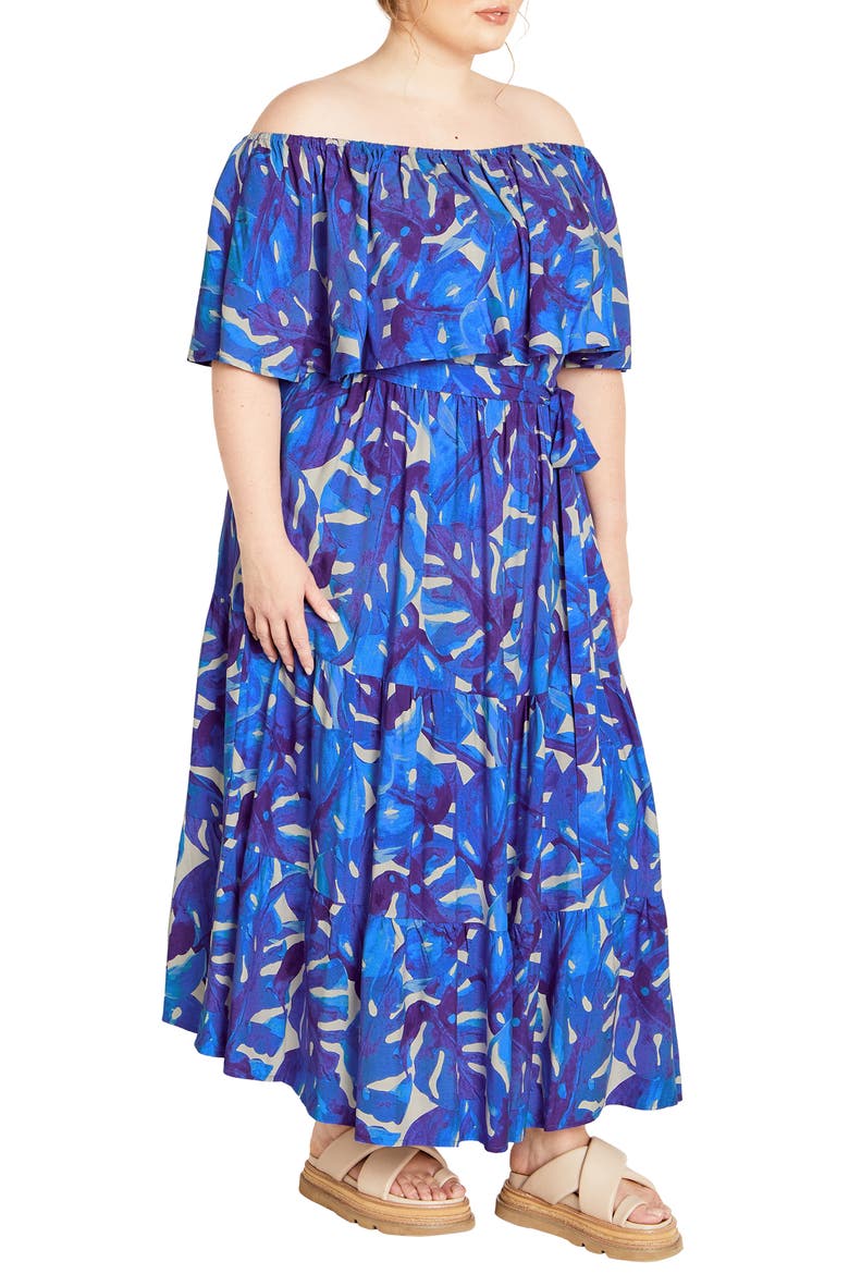 Boardwalk Off the Shoulder Midi Dress, Alternate, color, MARINE PALM